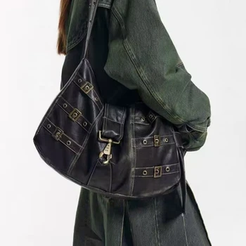 Y2K Большая вместительная готическая черная сумка-тоут из искусственной кожи с мотором, дизайнерская сумка через плечо в стиле панк, женская уличная одежда, сумка в стиле харадзюку 10