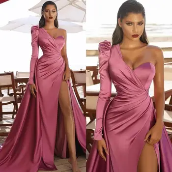 Новое поступление 2022 года, Розовые платья для выпускного вечера в стиле русалки, Дубай, Арабское вечернее платье с длинными рукавами и разрезом по бокам, халат знаменитостей De Soiree 13
