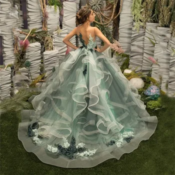 Элегантное платье для первого причастия, роскошное мятно-зеленое платье без рукавов из тюля с оборками и глубоким вырезом, Свадебное платье принцессы с кружевами 10