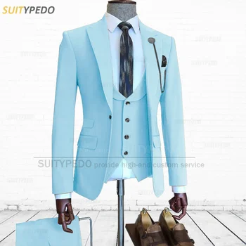 Модные небесно-голубые костюмы для мужчин, модный деловой свадебный блейзер, жилет, брюки, комплект из 3 предметов, приталенные светло-серые смокинги для мужчин, Формальный комплект 20