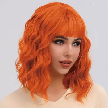 Объемный волнистый парик Боб Синтетические парики с челкой Оранжевого цвета Парики для женщин Свободная волна Косплей Вечеринка Повседневное Термостойкое волокно 21