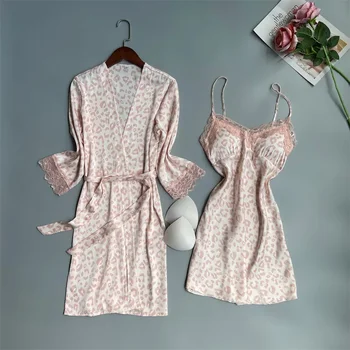 Женская летняя ночная рубашка-слинг, халат, Комплекты халатов, Сексуальное кружевное платье для невесты с леопардовым принтом, банный халат M-XL, Повседневная домашняя одежда 12