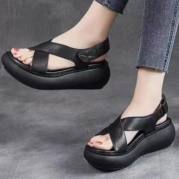 Женские сандалии с открытым носком, летние ретро-тапочки с круглой головкой и перекрестным ремешком, уличная прогулочная обувь на платформе Zapatos Mujer 23
