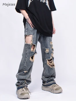 Мужские джинсы Однотонные Модные для отдыха Прямые Весна Лето С дырками Асимметричные Подростковый Винтажный японский стиль Уличная одежда Шикарный 18