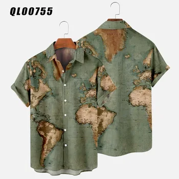 Мужские свободные рубашки с отложным воротником, новые гавайские мужские рубашки на пуговицах 2021, блузки с коротким рукавом с 3D-принтом и картой