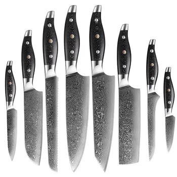 Набор Ножей из 9 ШТ Ручка из смолы, Нож для шеф-поваров из Дамасской стали, Кухонный нож для нарезки рыбы, очистки овощей, обвалки Хлеба, Кухонный Нож для ножей Santoku Nakiri 12