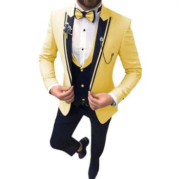 Мужской костюм из 3 предметов, желтый, в стиле пэчворк, Роскошный деловой, официальный, свадебный, для жениха, банкета, Элегантный мужской приталенный блейзер, жилет и брюки