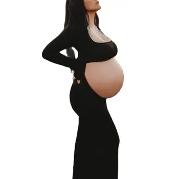 Черные Сексуальные открытые платья для беременных с длинным рукавом и квадратным воротником, реквизит для фотосъемки без спинки, Макси-платье, одежда для беременных женщин