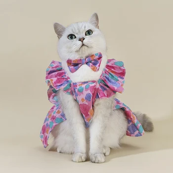 Летняя юбка в цветочек для милых домашних животных С летящими рукавами для собак и кошек, Короткая юбка, Дышащее Удобное платье принцессы с галстуком-бабочкой 14