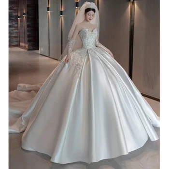 Новейшие атласные свадебные платья для невесты Бальное платье с вырезом сердечком, расшитое бисером и блестками, Сшитое на заказ Vestidos De Novias 1