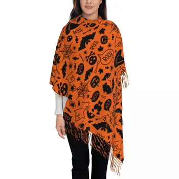 Женский шарф с кисточками, длинная зимняя осенняя шаль с мультяшным рисунком на Хэллоуин, и обертывание, тыквенный череп, призрак, кашемировый шарф для повседневной носки 16