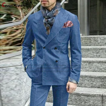 Темно-синий джинсовый костюм мужской приталенный Модный двубортный деловой свадебный винтажный смокинг Повседневный зимний блейзер Брюки 2 шт.
