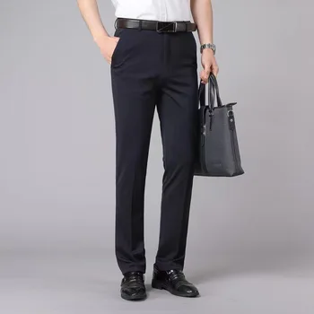 Весенне-летние мужские повседневные брюки, однотонные, приталенные, с карманом на молнии и пуговицах, модные брюки в стиле Британской академии для пригородных поездок 18