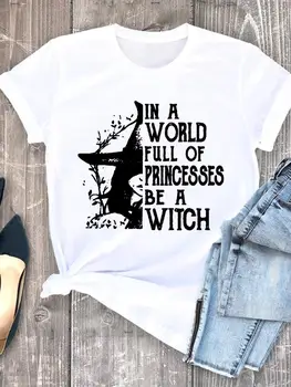 Забавный тренд ведьмы, милая осенне-осенняя женская футболка на Хэллоуин, День Благодарения, женская одежда, футболки с графическим принтом, женские футболки 2