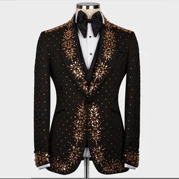 Элегантные свадебные костюмы Для мужчин, Приталенный Черный двубортный пиджак, брюки, комплект из 3 предметов, Роскошный смокинг жениха с золотым бисером, Мужской блейзер 18
