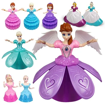 Электрические танцующие игрушки Disney Frozen Princess Кукла Эльза С крыльями Подвижные куклы Вращающаяся Проекционная Светомузыкальная модель Подарок 3
