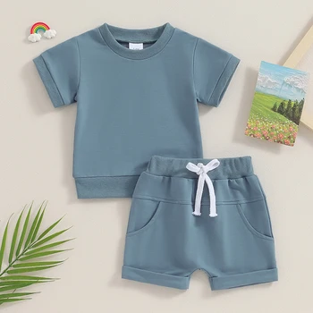 Летняя одежда для малышей, однотонная футболка с коротким рукавом и круглым вырезом, шорты, комплект из 2 предметов 4