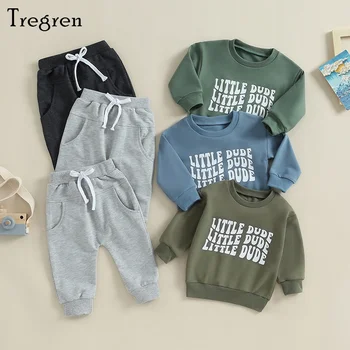 Осенняя одежда для маленьких мальчиков от 0 до 3 лет, пуловер с длинным рукавом и буквенным принтом + штаны с карманами, комплект из 2 предметов, одежда для новорожденных 20