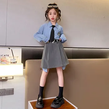 Осенняя корейская одежда для девочек, топ + юбка со свободным поясом, модная школьная форма, Одежда для детей, наряды от 5 до 14 лет 19