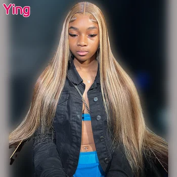 Ying Highlight Медовый блонд 200% Прямой с костями 13x4 Прозрачный парик на шнурке Спереди, предварительно выщипанный из волос младенца 13x6 Парик на шнурке спереди 1