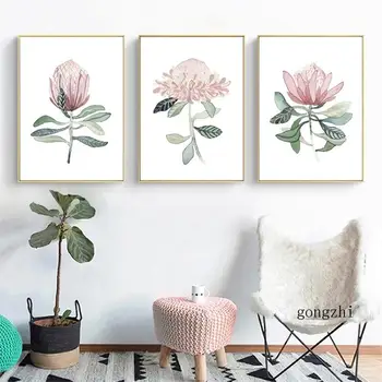 Акварельные розовые и голубые цветы Protea, плакаты и принты на холсте в скандинавском стиле, настенные художественные картины для домашнего декора гостиной 6