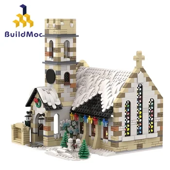 BuildMoc Winter Country Church Набор строительных блоков Ретро Архитектурная Кирпичная игрушка из деревни Санта Клауса для детей Рождественский подарок 3