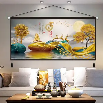 Роскошная картина с пейзажем Золотого Лося из ткани, Висящая на фоне дивана в гостиной, Украшение стены Спальни, Ресторан, Гобелен
