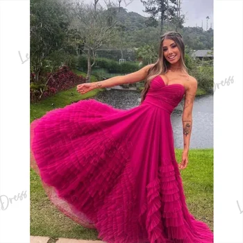 Lena-Ярко-розовое многослойное бальное платье ручной работы без бретелек 2024, элегантная майка-трапеция в виде сердечка Noche 15