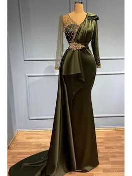Зеленое вечернее платье для официальной вечеринки С длинным рукавом, бусины, хрустальные аппликации, шлейф длиной до пола, женское платье для выпускного вечера, Vestido 12