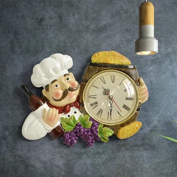Старинные настенные часы Украшение дома Часы-статуэтка шеф-повара из смолы, кварцевые часы без звука для гостиной, настенный декор кухни, подвесные часы
