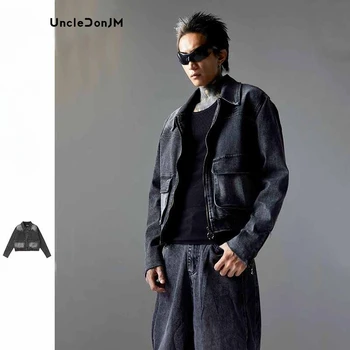 Черная джинсовая куртка с большим карманом, мужская уличная одежда Harajuku, роскошная куртка, мужская одежда 2024 года, прямая поставка 23