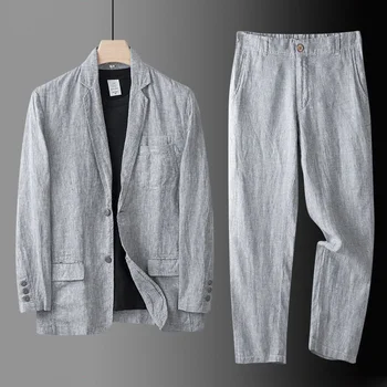 Высококачественный мужской блейзер, куртка и брюки, мужской льняной костюм из 2 предметов, весна-лето, тонкий стиль, модный повседневный комплект с длинным рукавом 20