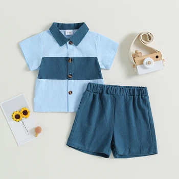 Новый модный комплект шорт для маленьких мальчиков, рубашка контрастного цвета с коротким рукавом и шорты с эластичной резинкой на талии, летняя одежда от 6 месяцев до 3 лет 15