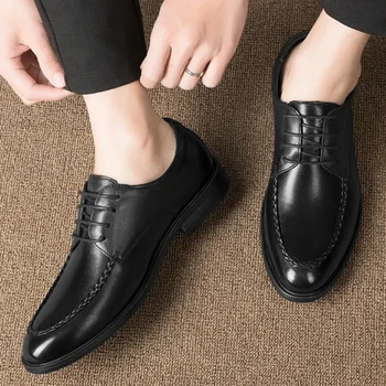 2023 Высококачественная мужская обувь Повседневная кожаная обувь на шнуровке, весенне-осенние однотонные дышащие деловые лоферы на массивном каблуке 9