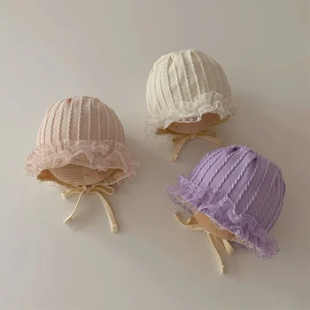 0-12 м кружевная шапочка для маленьких девочек, дышащая хлопковая детская шапочка, осенняя шапочка для новорожденных принцесс, регулируемые шапочки-бини 11