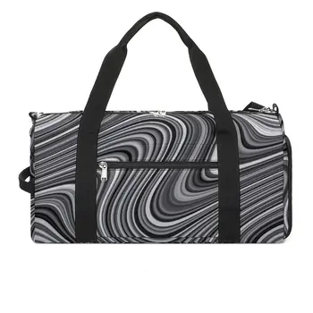 Черно-белая мраморная спортивная сумка с принтом Curvy Lines, спортивные сумки выходного дня, большая сумка для плавания, изготовленная на заказ, забавная сумка для фитнеса для мужчин и женщин 3