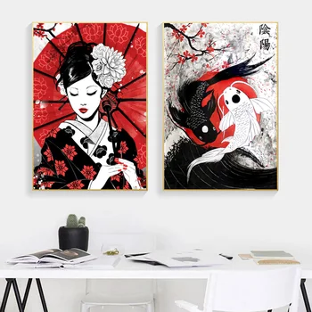 Японская гейша и рыба Инь-Ян, картина маслом на холсте, настенный художественный плакат и принты с изображением Самурая Для украшения гостиной 5