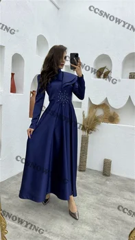 Аппликации из бисера, хиджаб, Мусульманские вечерние платья, Исламское атласное вечернее платье с длинным рукавом, женское Арабское Дубайское вечернее платье 13