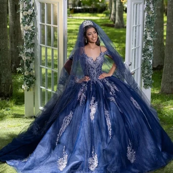 Темно-синее блестящее сексуальное бальное платье с V-образным вырезом, пышные платья с аппликацией из бисера, 16 платьев принцессы, Vestido De 15 Anos 11