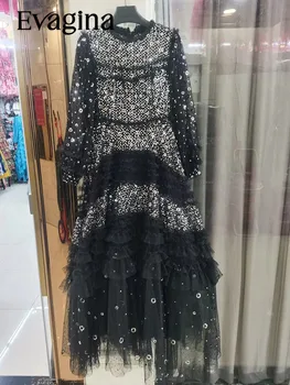 Evagina Новое модное дизайнерское женское платье с круглым вырезом и длинными рукавами из многослойного черного платья из тюля с пайетками