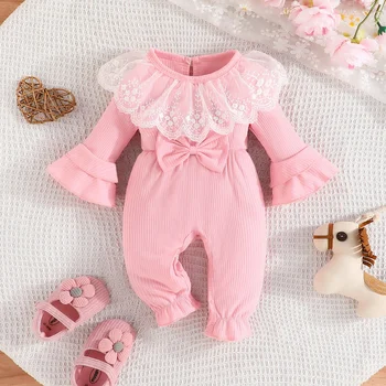 Комбинезон для новорожденных девочек 0-18 месяцев, одежда для малышей, милый комбинезон с кружевным воротником и пуговицами