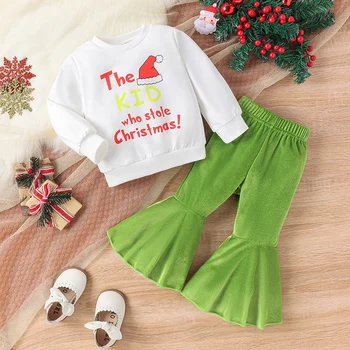 Осенние наряды для маленьких девочек, Шапка Санта с буквенным принтом, свитшоты с круглым вырезом, зеленые расклешенные брюки, комплект рождественской одежды из 2 предметов 23