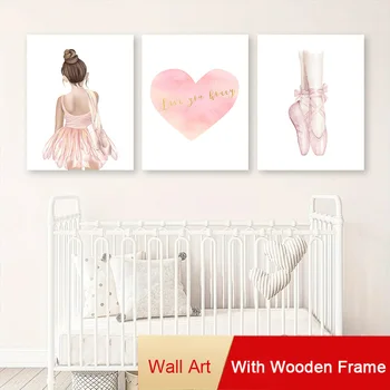 Розовый плакат с девушкой-балериной в рамке, Танцевальная обувь для девочек, Картина в форме сердца на холсте для детской спальни, Настенное искусство, Картина для декора комнаты 1