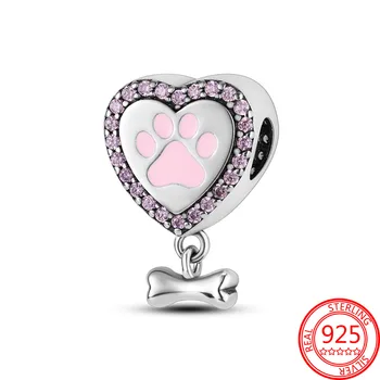 Симпатичное серебро 925 пробы, розовая подвеска в виде собачьей лапы с подвесками, подходит к оригинальному браслету Pandora, детским ювелирным подаркам