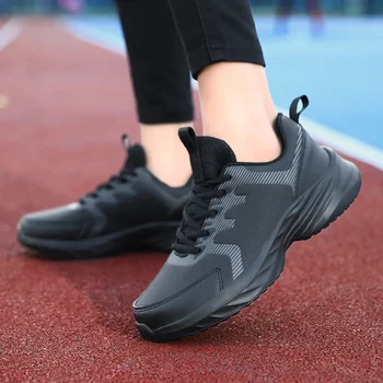 Женская спортивная обувь оригинальных брендов, черные кожаные кроссовки, повседневная обувь на плоской подошве со шнуровкой, женская обувь для ходьбы, женская обувь