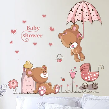 мультяшный милый медведь, детские наклейки на стены, зонт, бутылочка для кормления, комната для девочек, детская спальня, украшение warobe, Настенная роспись, наклейка с животными 12