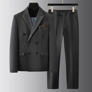 Новый комплект из 2 предметов, Мужские костюмы, куртка + брюки, Модные Деловые Официальные Мужские блейзеры, комплекты для бутика, Свадебный костюм жениха в полоску, Homme 2