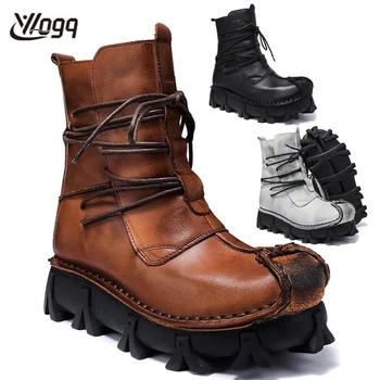 Модные мужские мотоциклетные ботинки из натуральной кожи, ботинки с черепом в готическом стиле, тактические армейские ботинки, защитная обувь, Зимние ботинки до середины икры в стиле панк 9