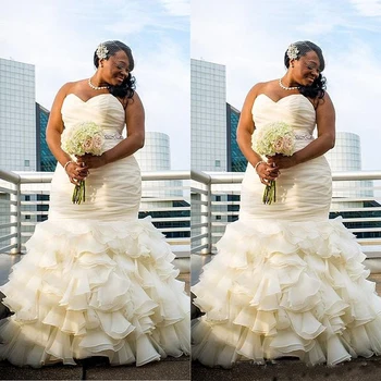 Африканские свадебные платья больших размеров Mermaid 2024 vestidos de noiva Свадебные платья из органзы с оборками в виде сердца для чернокожих девушек Mariage 19