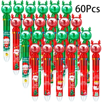 60шт Рождественские Разноцветные Шариковые Ручки 10 в 1 Выдвижные Рождественские Рога Шариковые Рождественская Елка Санта Снеговик Ручки 5